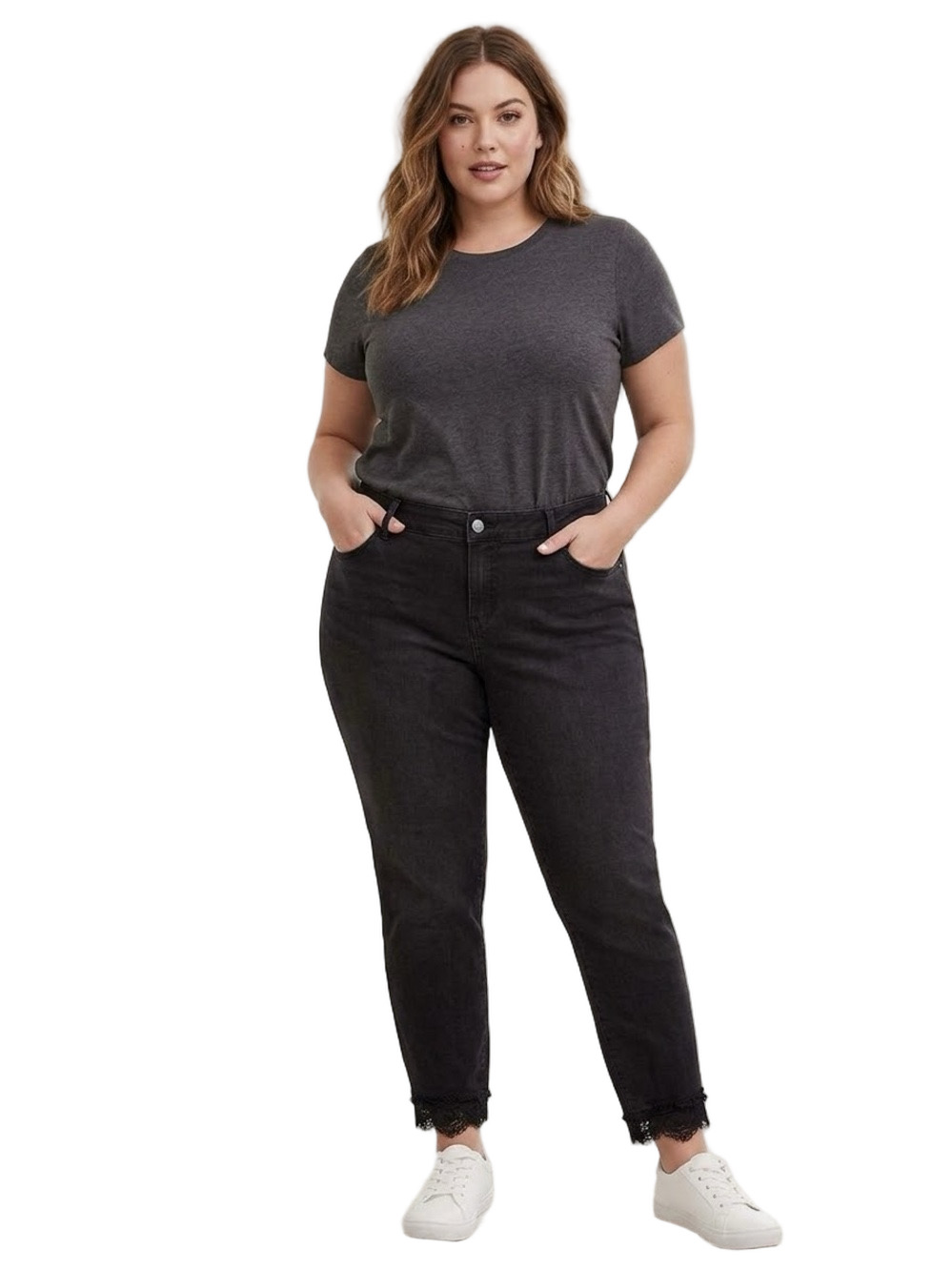 Torrid Ankle Skinny Jeans Black Distressed Lace Hem Stretch Denim Size 28 Tall